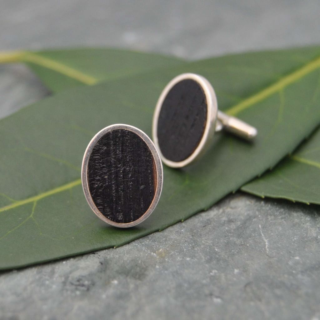 Oval Charred Bourbon Barrel Cufflinks in Sterling Silver, Whiskey Barrel Cufflinks - Naturaleza Organic Jewelry & Wood Rings