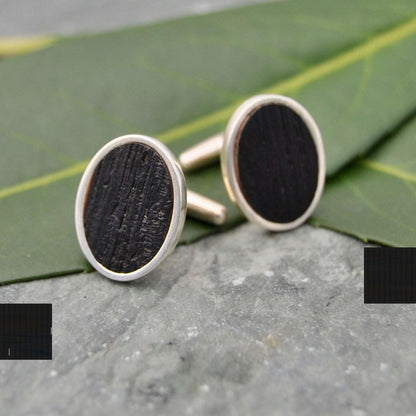 Oval Charred Bourbon Barrel Cufflinks in Sterling Silver, Whiskey Barrel Cufflinks - Naturaleza Organic Jewelry & Wood Rings