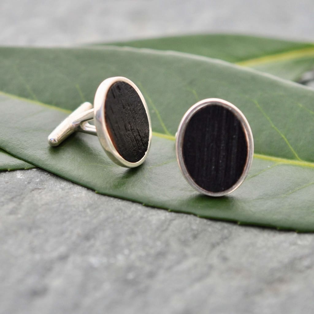 Oval Charred Bourbon Barrel Cufflinks in Sterling Silver, Whiskey Barrel Cufflinks - Naturaleza Organic Jewelry & Wood Rings