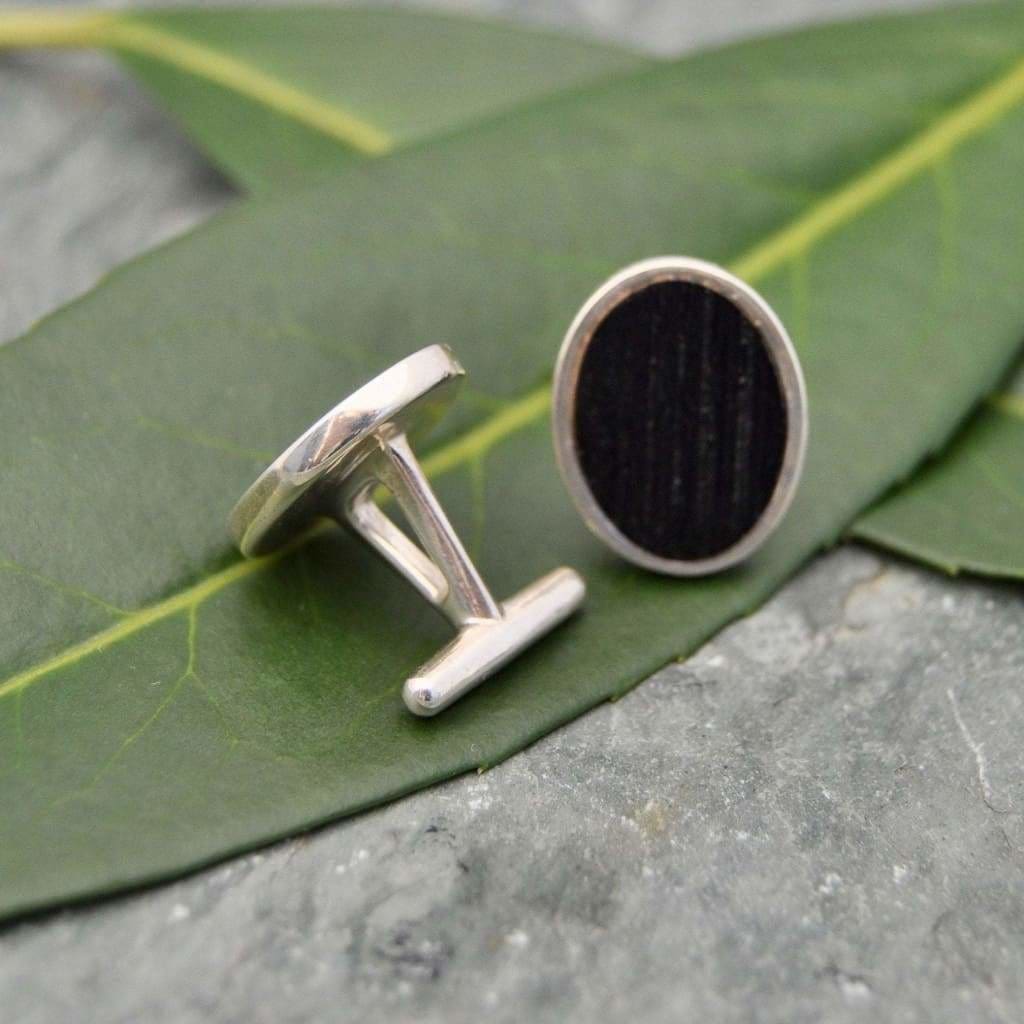 Oval Charred Bourbon Barrel Cufflinks in Sterling Silver, Whiskey Barrel Cufflinks - Naturaleza Organic Jewelry & Wood Rings