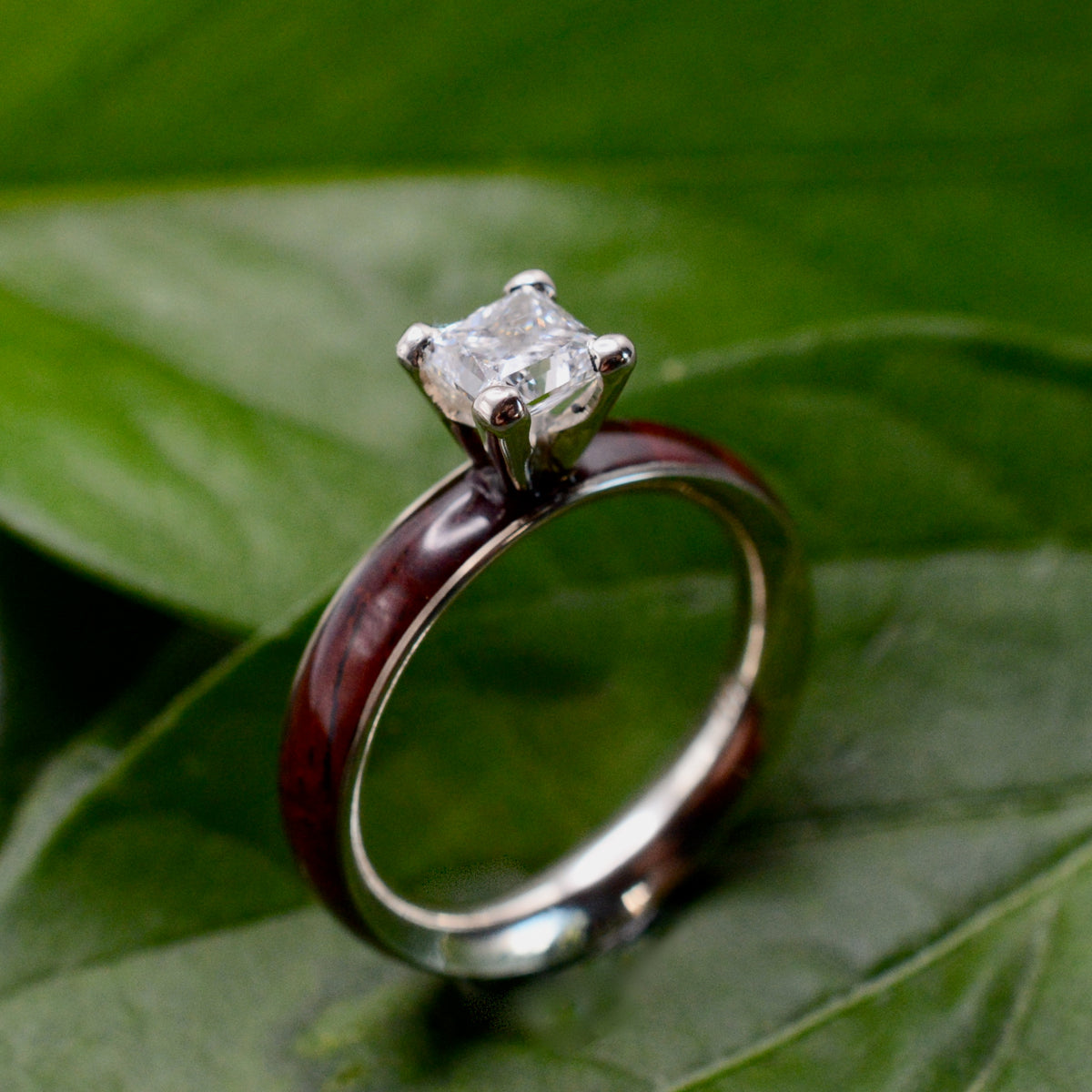 Princess cut diamond wood engagement ring with cocobolo wood band top view