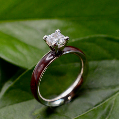 Princess cut diamond wood engagement ring with cocobolo wood band top view