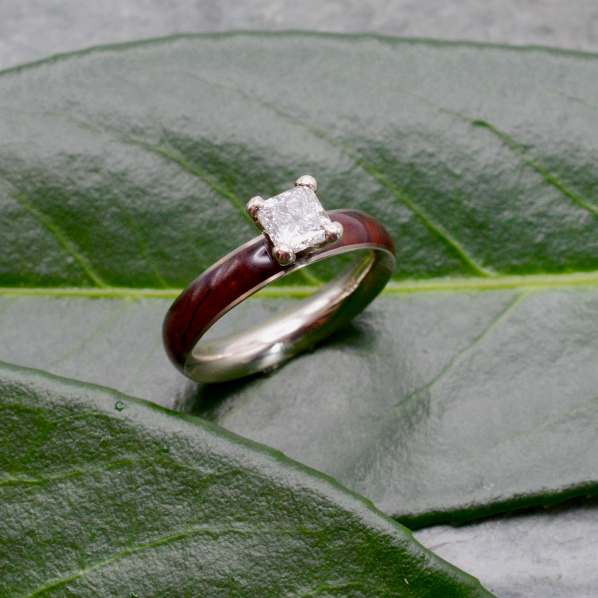 Princess cut diamond wood engagement ring with cocobolo wood band