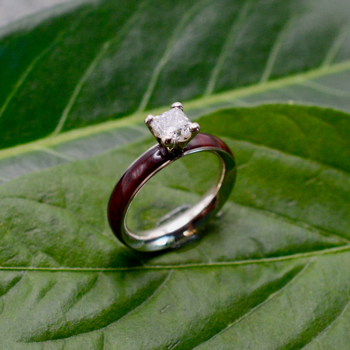 Princess cut diamond wood engagement ring with cocobolo wood band made to order