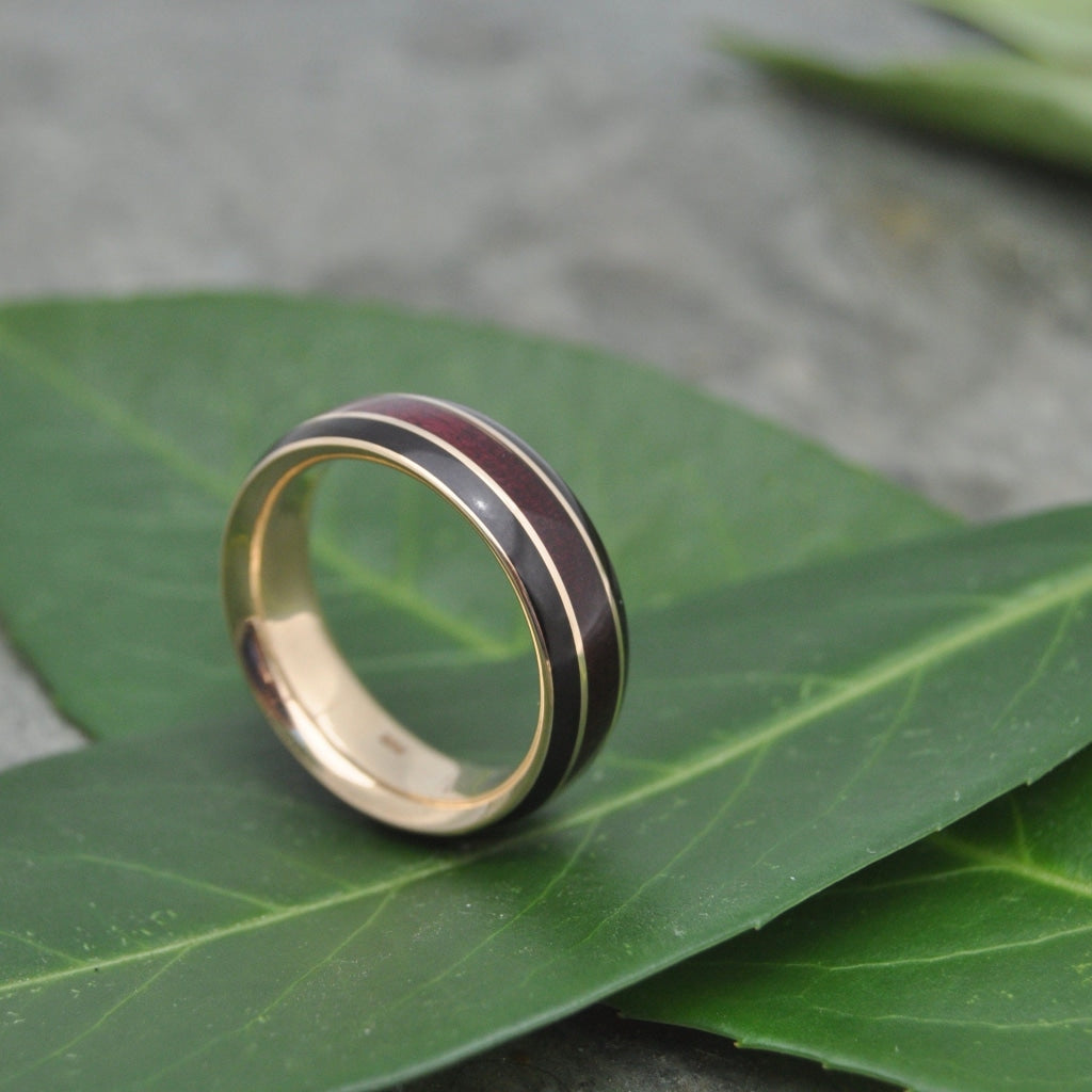 Yellow Gold Wood Wedding Band with Purplheart and Coyol Inlay