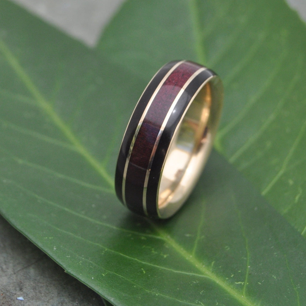 Purpleheart wood and gold wedding band with custom inlay