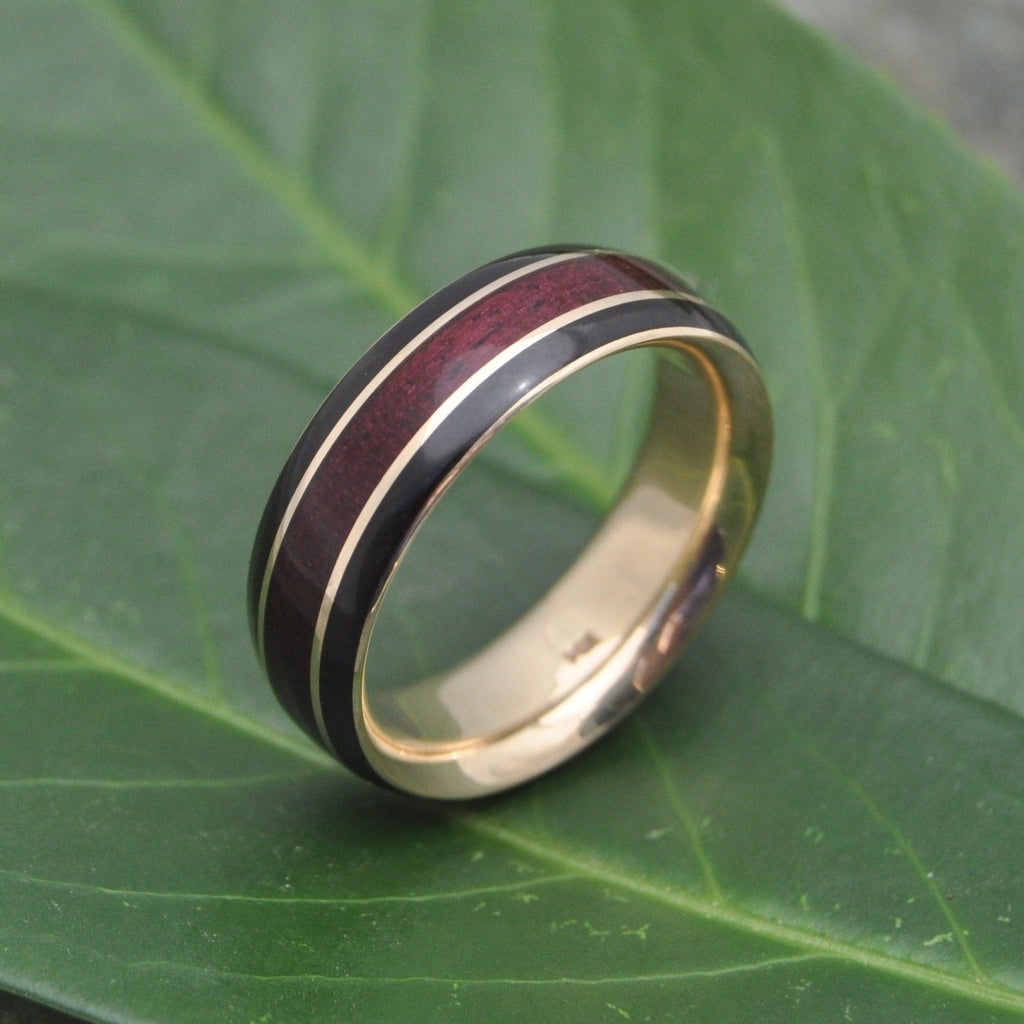 Handmade wood and gold ring with purpleheart inlay