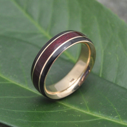 Handmade wood and gold ring with purpleheart inlay