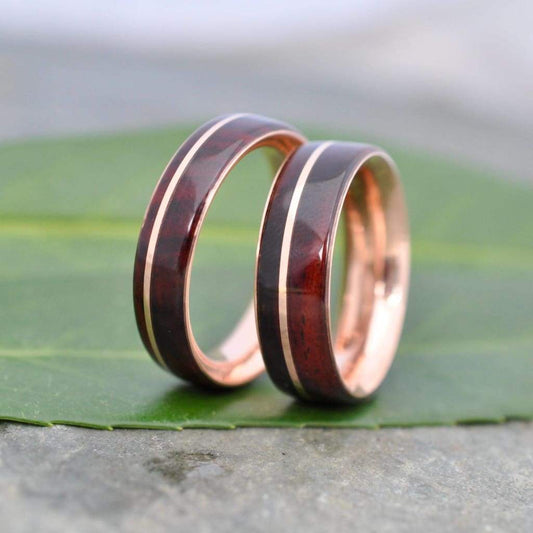 Rose gold wood wedding ring with cocobolo Ñambaro wood and 14k rose gold, Asi design