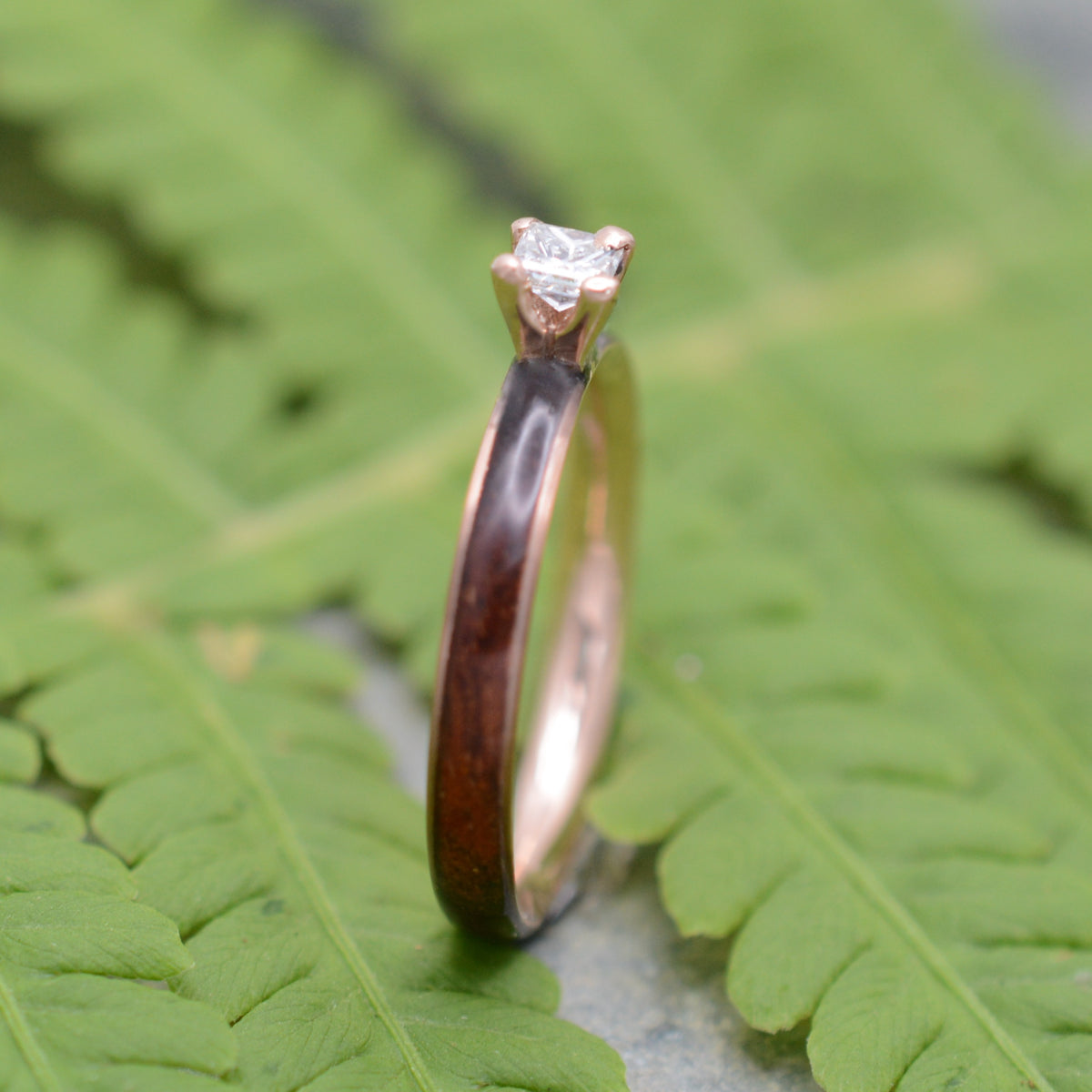 Rose gold diamond wood engagement ring with koa wood and princess cut diamond handmade in Louisville KY