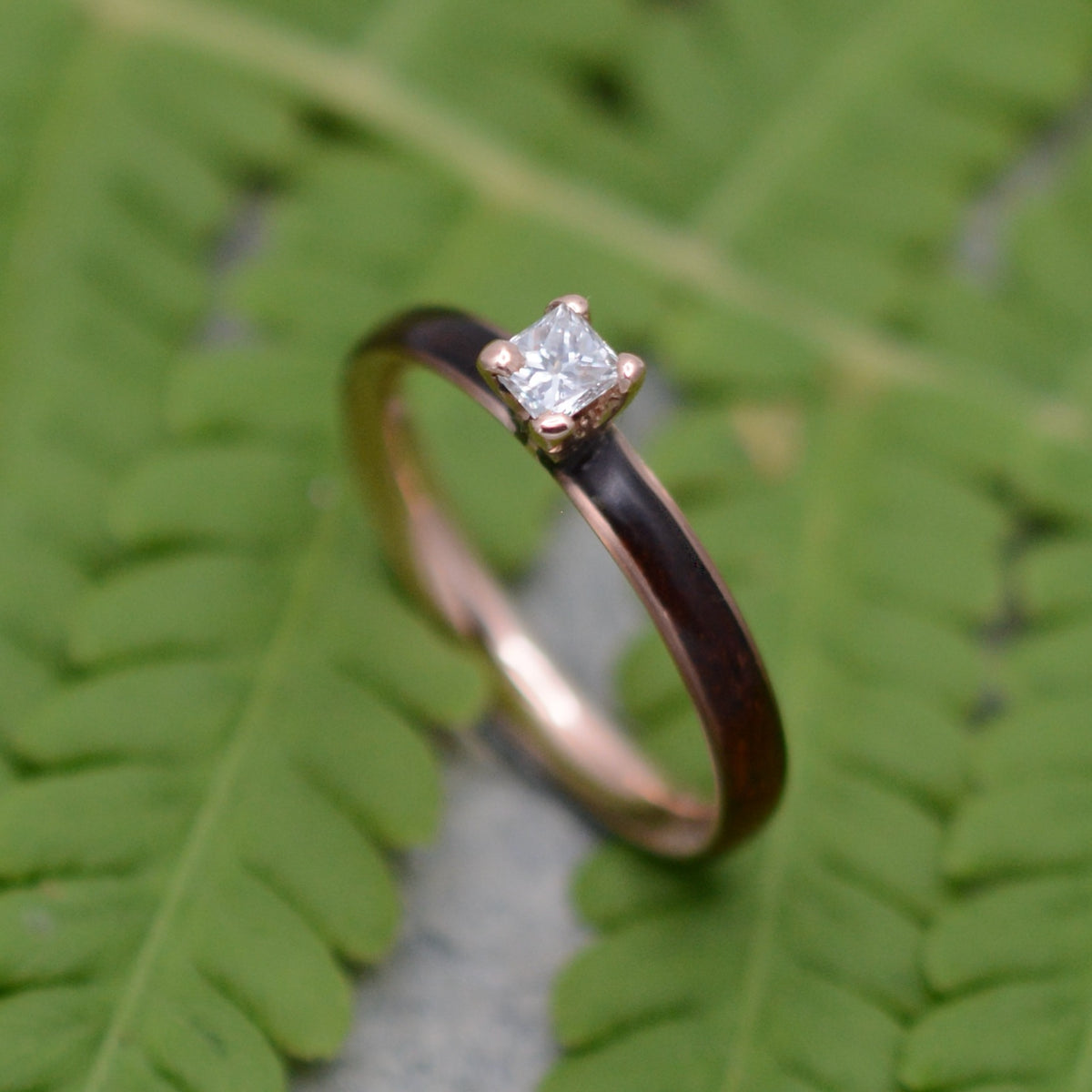 Rose gold diamond wood engagement ring with koa wood and princess cut diamond made to order