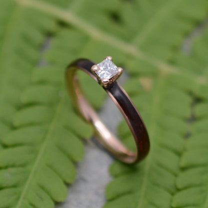 Rose gold diamond wood engagement ring with koa wood and princess cut diamond made to order