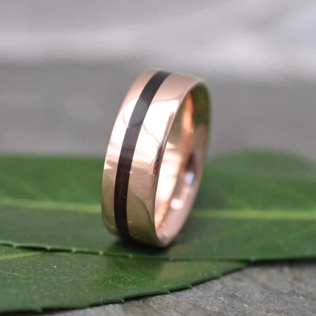 Sustainable koa and rose gold wedding ring, Equinox design