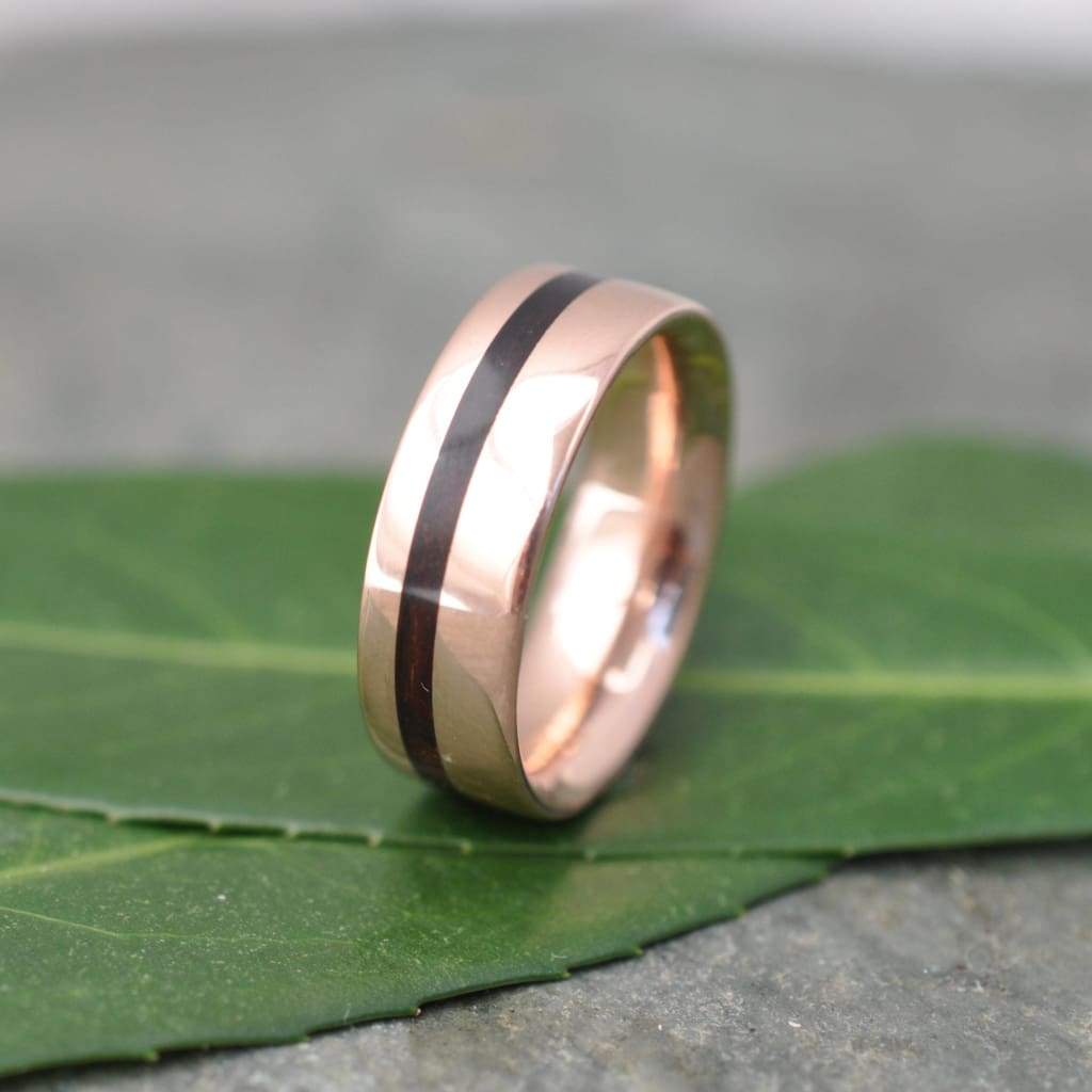 Comfort fit koa wood ring with 14k recycled rose gold, handmade in Louisville