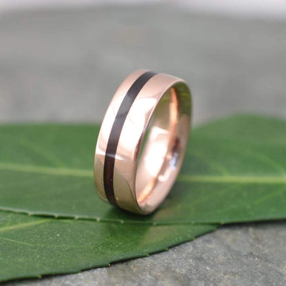 Comfort fit koa wood ring with 14k recycled rose gold, handmade in Louisville