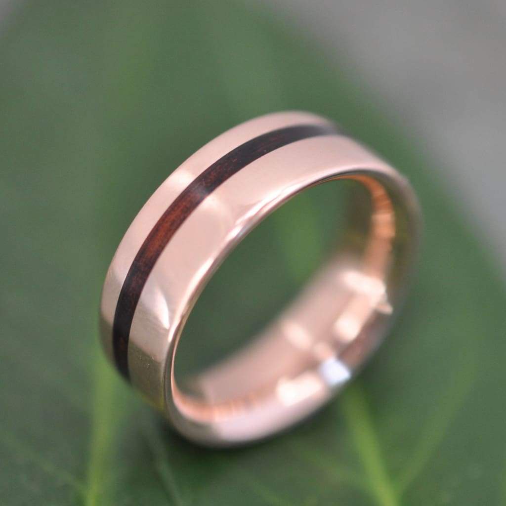 Rose gold wood wedding ring with Hawaiian koa wood and 14k recycled rose gold, Equinox design