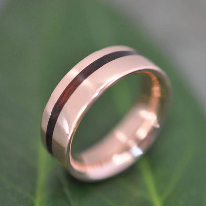 Rose gold wood wedding ring with Hawaiian koa wood and 14k recycled rose gold, Equinox design