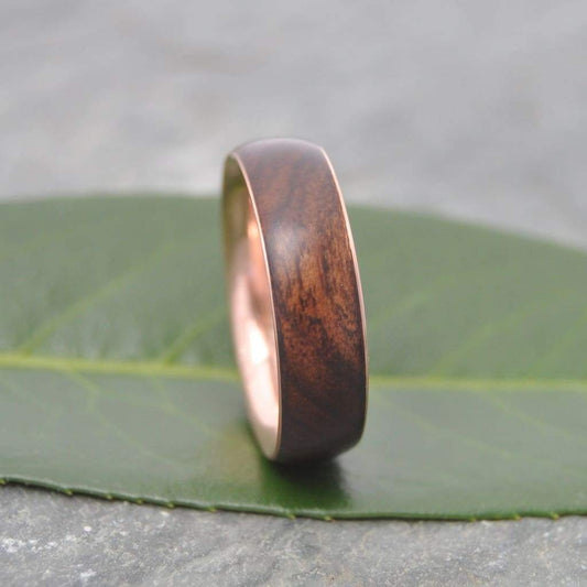Rose gold and wood wedding band with laurel macho wood and 14k rose gold, Siempre design