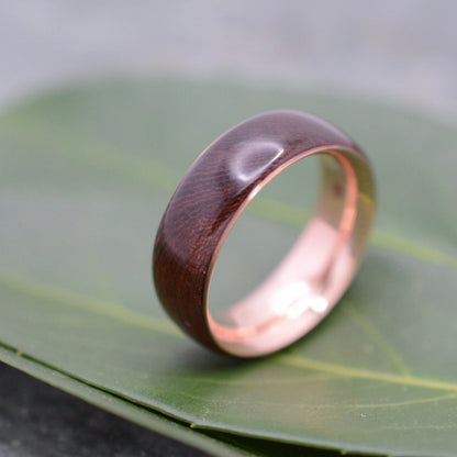 Custom rose gold and nacascolo wood wedding band, made to order
