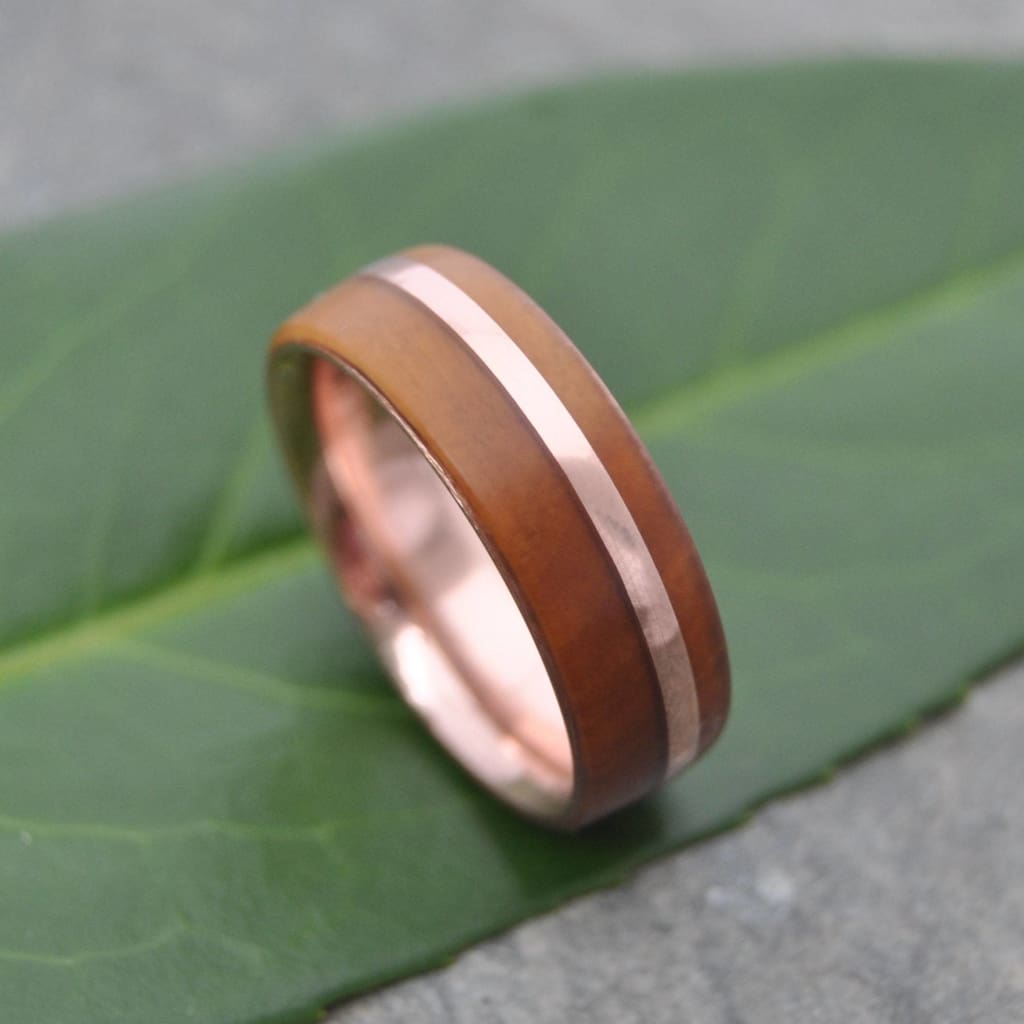 Rose gold wood ring with Guayacán Lignum Vitae wood and 14k rose gold, Solsticio design