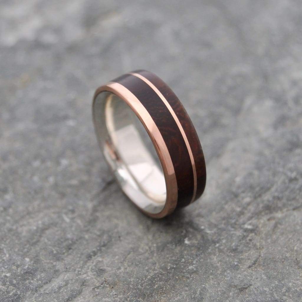 Rose gold wood ring with nacascolo and sterling silver, Un Lado Asi design
