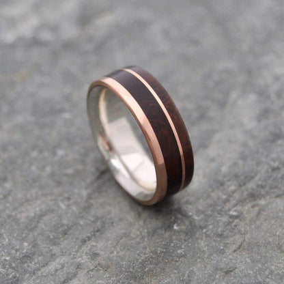 Rose gold wood ring with nacascolo and sterling silver, Un Lado Asi design