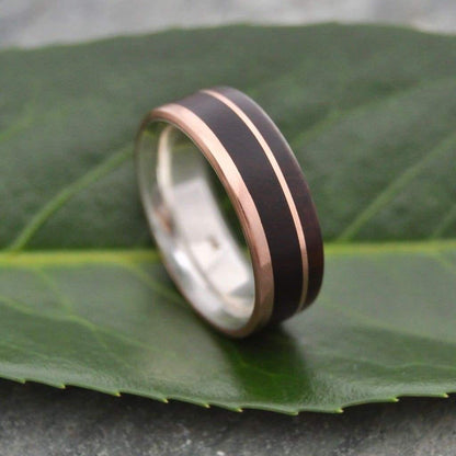 Asymmetric rose gold wood ring with nacascolo and silver inner band