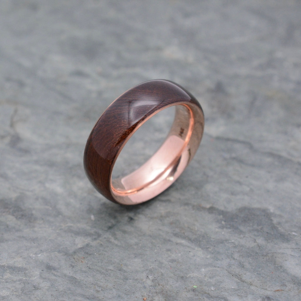Mens wood wedding ring with 14k recycled rose gold and nacascolo wood