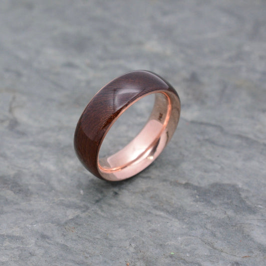 Mens wood wedding ring with 14k recycled rose gold and nacascolo wood