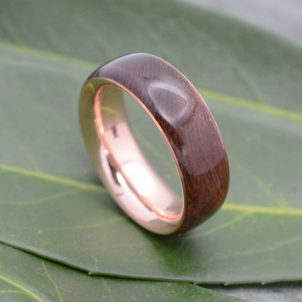 Rose gold and wood wedding band with nacascolo wood, handmade in Louisville Kentucky