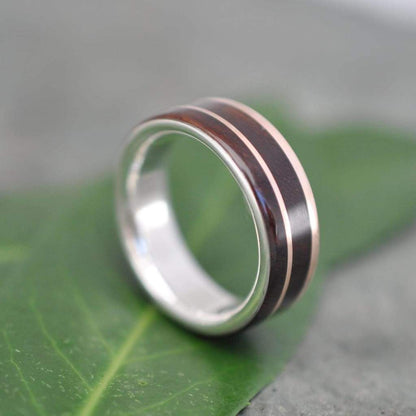 Comfort fit rose gold wood mens ring with nacascolo and silver, Louisville KY