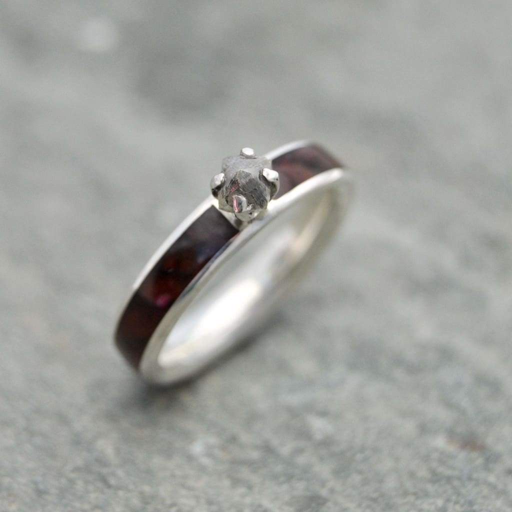 Rough diamond wood engagement ring with cocobolo wood close up of grain