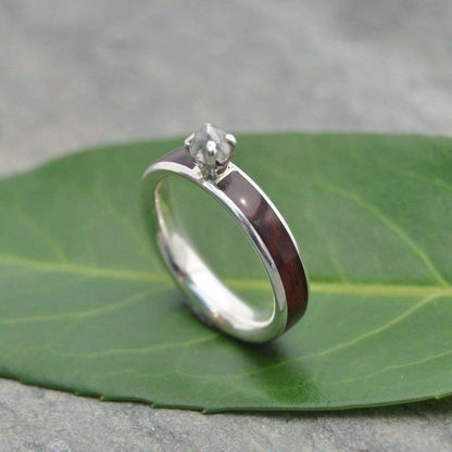 Rough diamond wood engagement ring with cocobolo wood handmade in Louisville KY