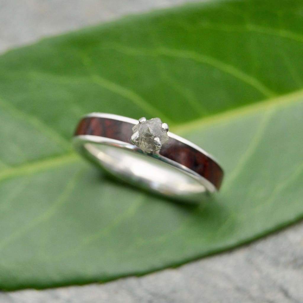 Rough diamond wood engagement ring with cocobolo wood detail view