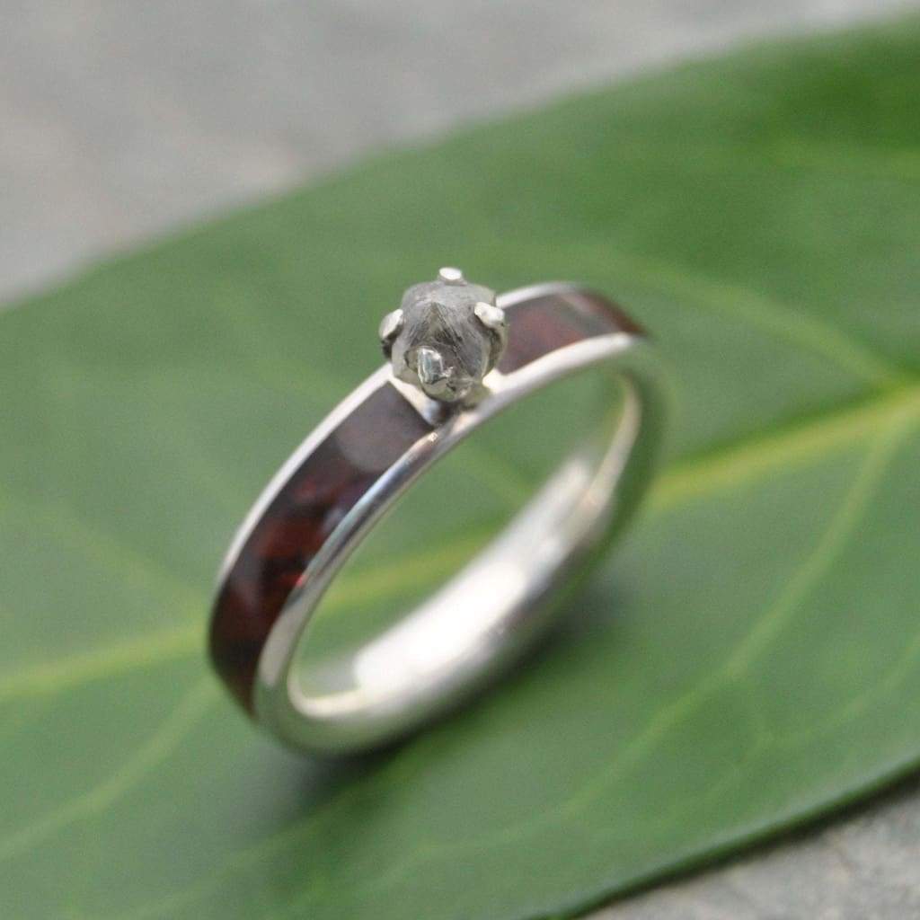 Rough diamond wood engagement ring with cocobolo wood worn on hand