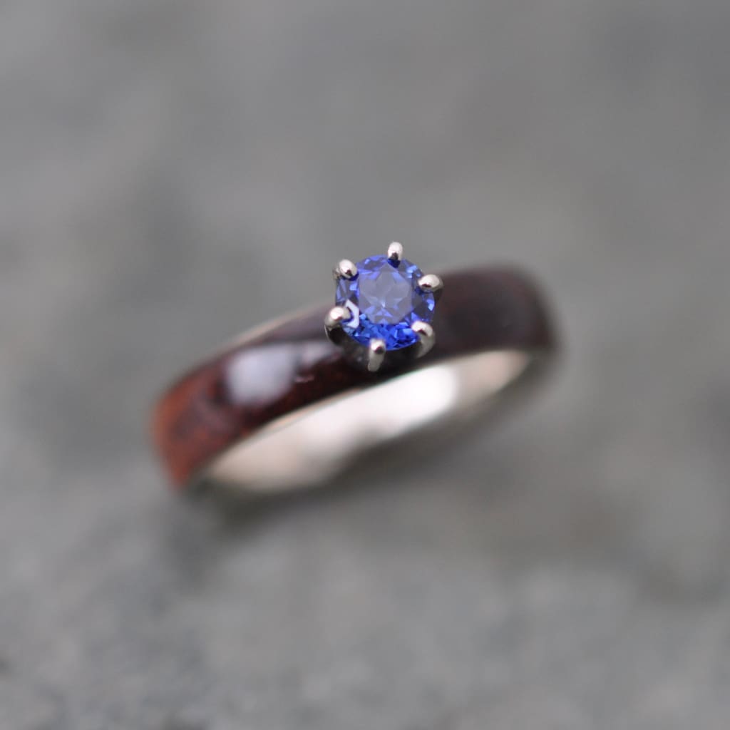 Sapphire and koa wood engagement ring with white gold