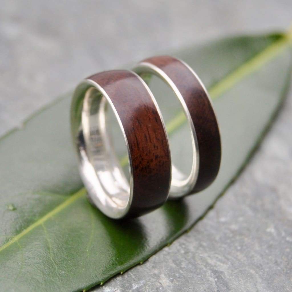 Recycled sterling silver and walnut wood wedding band set, Siempre design