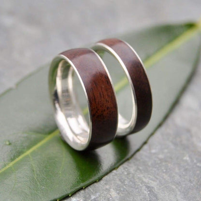 Recycled sterling silver and walnut wood wedding band set, Siempre design