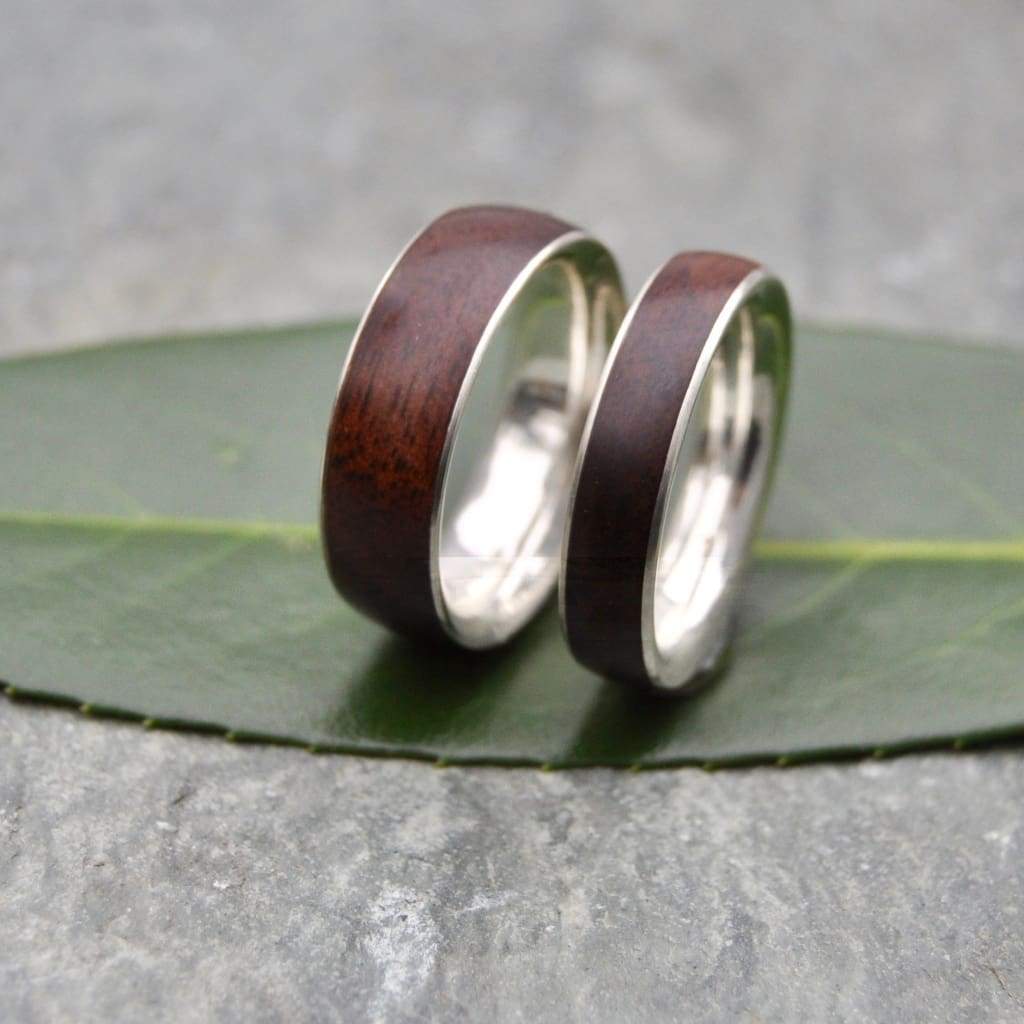 Wood and silver wedding bands with Kentucky walnut and recycled sterling silver