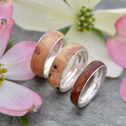Dogwood Wood Wedding Band, Recycled Sterling Silver Comfort Fit Siempre - Naturaleza Organic Jewelry & Wood Rings