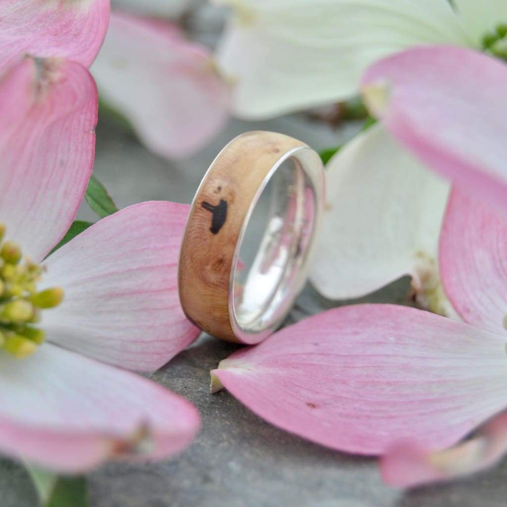 Dogwood Wood Wedding Band, Recycled Sterling Silver Comfort Fit Siempre - Naturaleza Organic Jewelry & Wood Rings