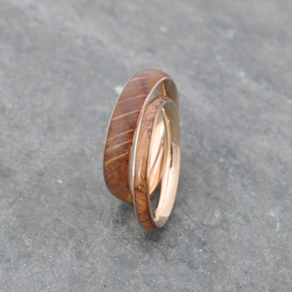 Yellow Gold Kentucky Bourbon Barrel Wood Ring, Comfort Fit Siempre 14K Recycled Gold - Naturaleza Organic Jewelry & Wood Rings