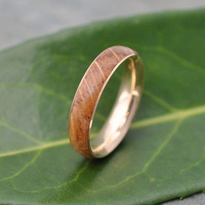 Yellow Gold Kentucky Bourbon Barrel Wood Ring, Comfort Fit Siempre 14K Recycled Gold - Naturaleza Organic Jewelry & Wood Rings