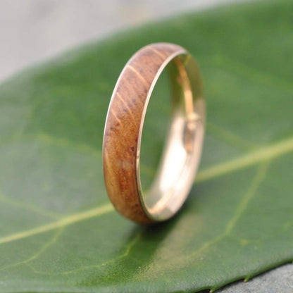Yellow Gold Kentucky Bourbon Barrel Wood Ring, Comfort Fit Siempre 14K Recycled Gold - Naturaleza Organic Jewelry & Wood Rings