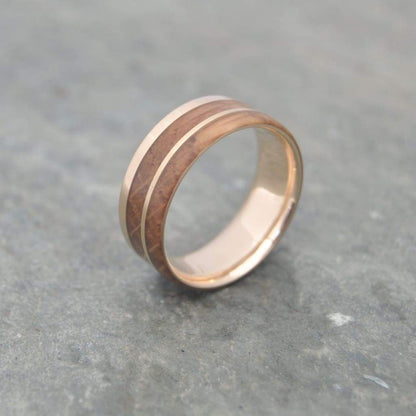 Yellow Gold Kentucky Bourbon Barrel Wood Ring, Comfort Fit Siempre 14K Recycled Gold - Naturaleza Organic Jewelry & Wood Rings
