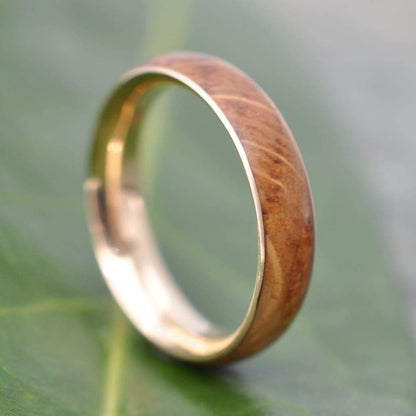 Yellow Gold Kentucky Bourbon Barrel Wood Ring, Comfort Fit Siempre 14K Recycled Gold - Naturaleza Organic Jewelry & Wood Rings