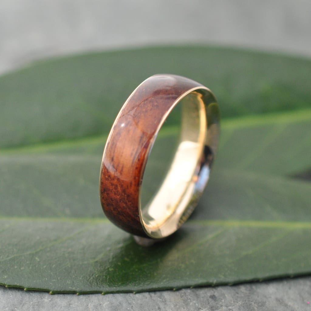 Yellow Gold Koa Wood Wedding Band, Gold Wood Ring, Wood Wedding Band with Recycled Gold, Yellow Gold Wood Ring, Koa Wedding Ring