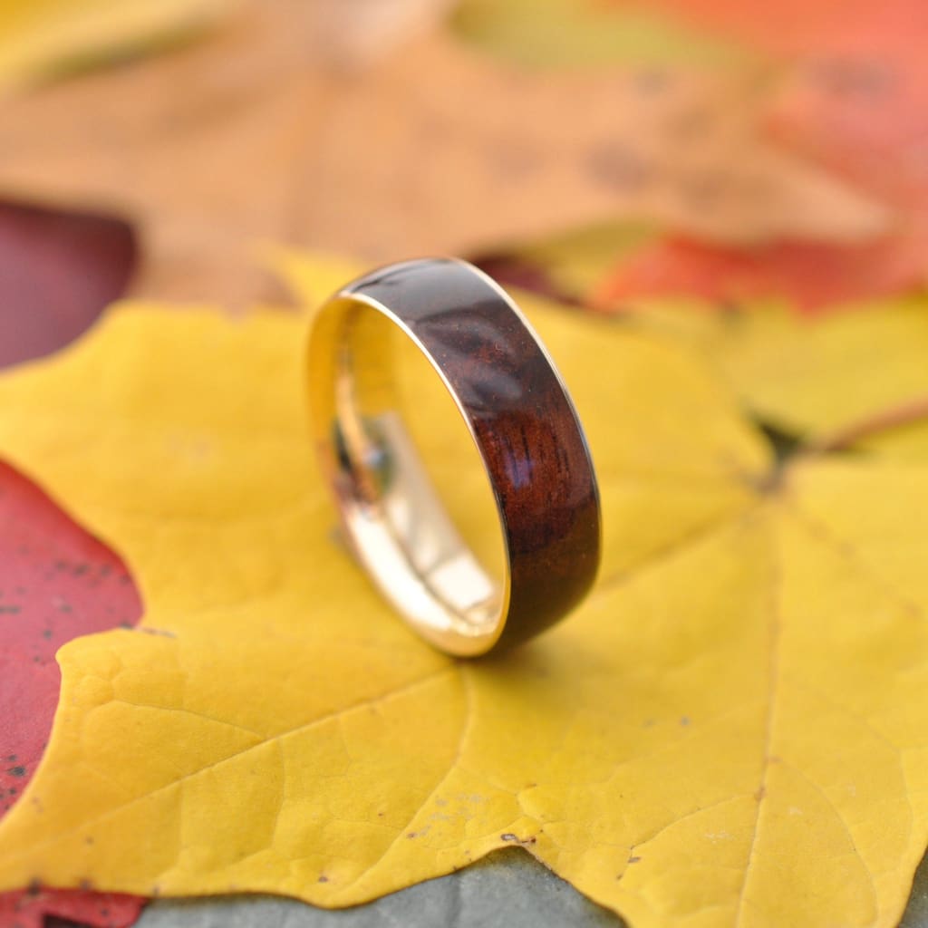 Yellow Gold Koa Wood Wedding Band, Gold Wood Ring, Wood Wedding Band with Recycled Gold, Yellow Gold Wood Ring, Koa Wedding Ring