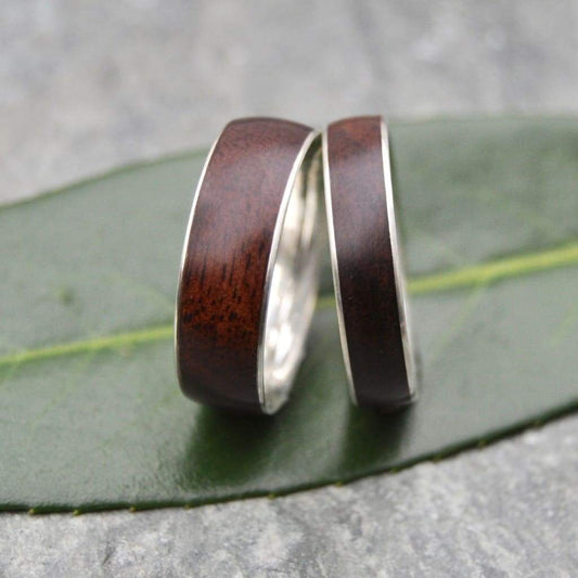 Wood and silver wedding band with walnut wood and sterling silver, Siempre design, handmade in Louisville Kentucky