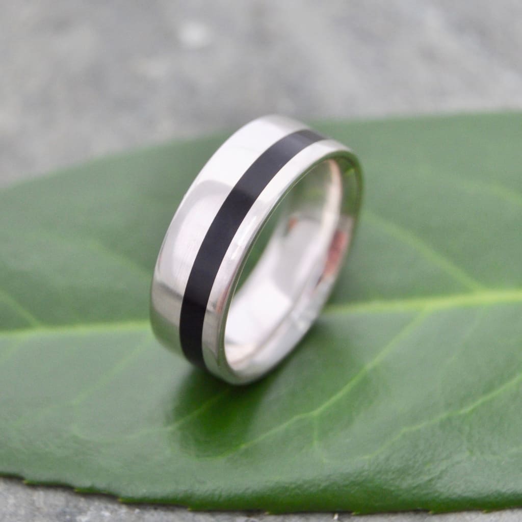 Ethically made mens wood wedding band with coyol and recycled silver